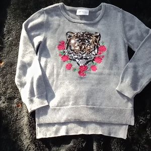 Girls Place sequin tiger embroidered red roses gray sweater size 12